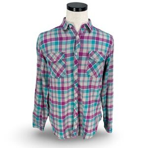 Mishka Brooklyn New York Mens Large Plaid Flannel Button Down Shirt Purple Gray